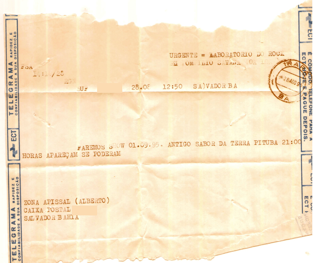 Cópia de Telegrama enviado pela Zona Abissal, convidando o Laboratório para um show