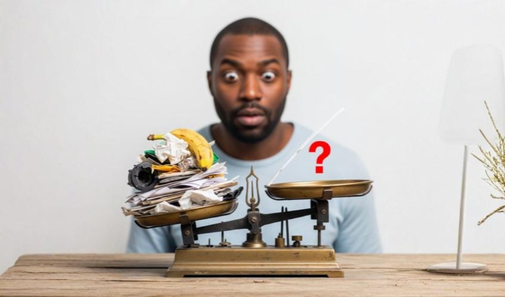 homem observa com espanto um velha bança de pratos, sendo que um lado está carregado de lixo e ou outro estpa vazio, com um ponto de interrogação.